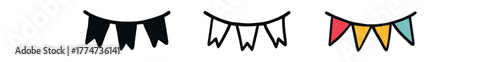 fiesta bunting flags icon on white background Black silhouette flat icon outline icon and colored icon style bright festive palette red green orange turquoise three minimal vector icon style