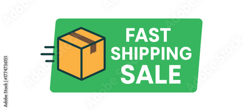 Flat vector banner design icon of delivery box near text FAST SHIPPING SALE green and gray clean rectangle