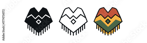 mexican poncho pattern icon on white background Black silhouette flat icon outline icon and colored icon style traditional textile colors red green orange three minimal vector icon style
