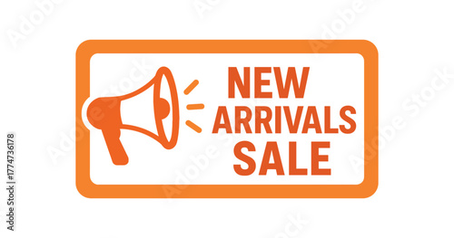 Flat vector banner design icon of megaphone near text NEW ARRIVALS SALE orange and white modern rectangle
