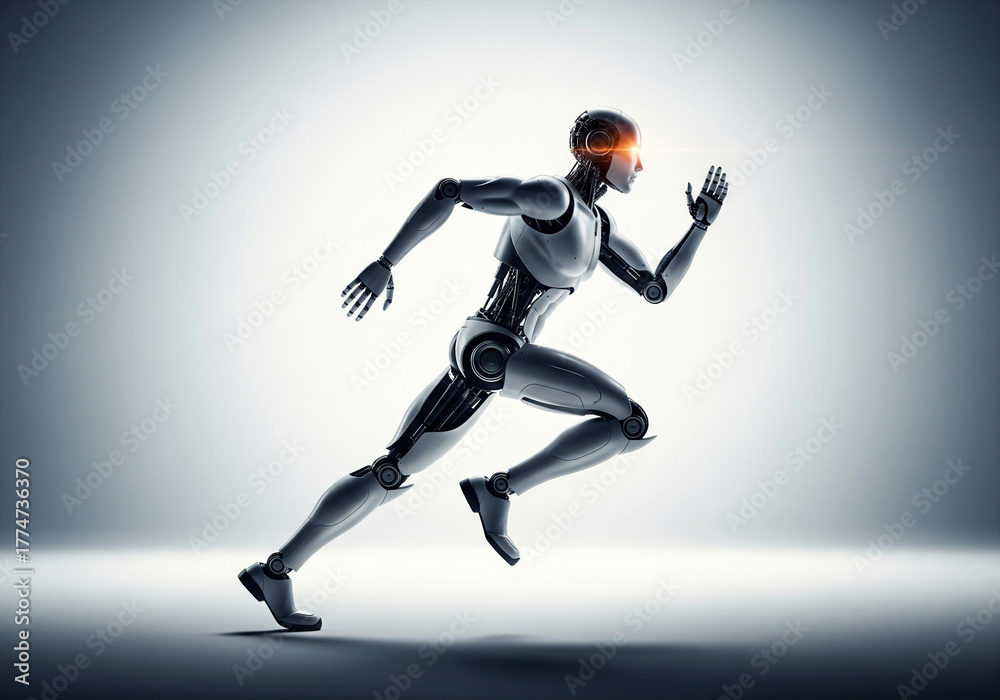 Obraz premium Futuristic humanoid robot sprinting forward with glowing eyes, symbolizing speed, innovation, and the relentless pursuit of progress in technology and business.