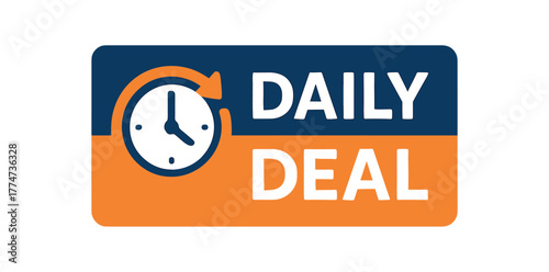 Flat vector banner design icon of clock with arrow circle near text DAILY DEAL navy and orange horizontal
