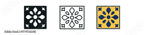 mexican tile pattern icon on white background Black silhouette flat icon outline icon and colored icon style traditional ceramic blue red colors three minimal vector icon style