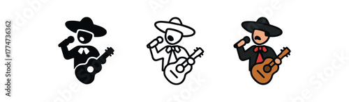 street mariachi singer icon on white background Black silhouette flat icon outline icon and colored icon style black red gold tones three minimal vector icon style
