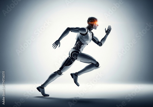 Futuristic humanoid robot sprinting forward with glowing eyes, symbolizing speed, innovation, and the relentless pursuit of progress in technology and business.