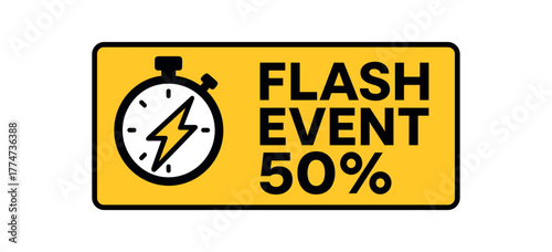 Flat vector banner design icon of stopwatch with lightning bolt near text EVENT 50% black and rectangle with bold font