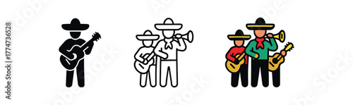 mexican street band icon on white background Black silhouette flat icon outline icon and colored icon style strong festival palette red gold black green three minimal vector icon style