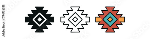 aztec pattern symbol icon on white background Black silhouette flat icon outline icon and colored icon style earthy tones red turquoise three minimal vector icon style