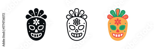 mexican celebration mask icon on white background Black silhouette flat icon outline icon and colored icon style vivid colors red green orange three minimal vector icon style