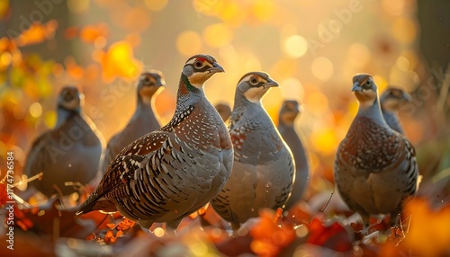 A flock of partridges in autumnal foliage bathed in warm sunlight