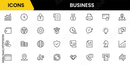 Business and Finance web icons in line style. Money, bank, contact, infographic. Icon collection. Vector illustration.