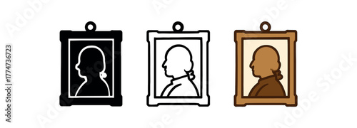 photo frame ancestor icon on white background Black silhouette flat icon outline icon and colored icon style gold brown tones three minimal vector icon style