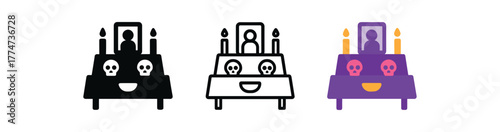 altar ofrenda table icon on white background Black silhouette flat icon outline icon and colored icon style colorful tones purple orange pink three minimal vector icon style