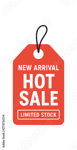 Flat vector tag design top text NEW ARRIVAL main text HOT SALE bottom text LIMITED STOCK hanging tag with string hole red and white palette