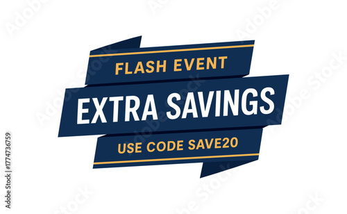 Flat vector folded strip design top text EVENT main text EXTRA SAVINGS bottom text USE CODE SAVE20 double folded strip with gold edge and navy background