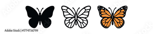 butterfly monarch icon on white background Black silhouette flat icon outline icon and colored icon style orange black white tones three minimal vector icon style