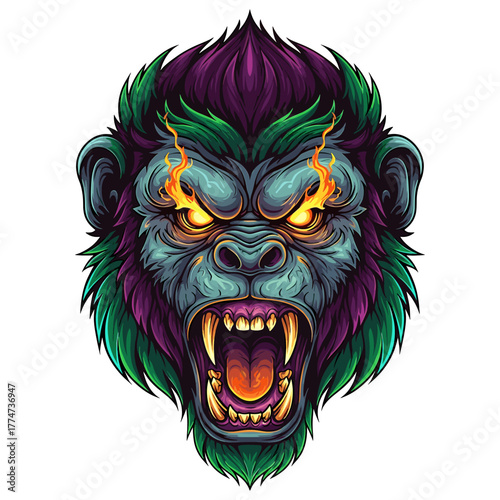 A fierce and angry gorilla head with glowing eyes, roaring with open mouth.