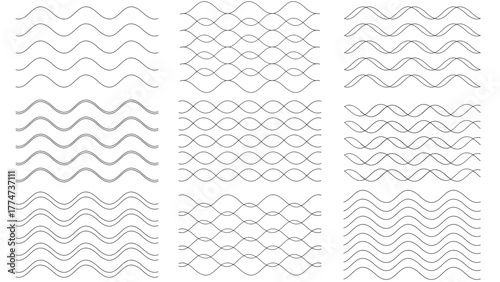 A set collection abstract wave line patterns featuring clean curves and geometric flow, perfect for modern design, backgrounds, and decorative graphic elements.