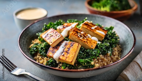 charred tofu strips drizzled with creamy dressing served on quinoa and sauteed kale in a hearty protein rich vegan bowl