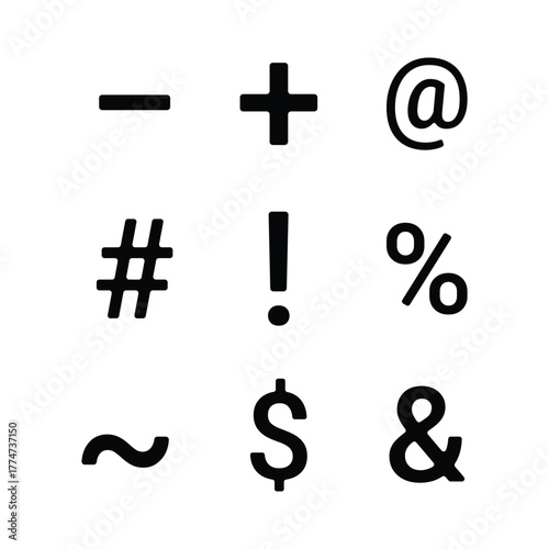 Collection of common punctuation and special symbols including minus plus at hash exclamation percent tilde dollar and ampersand on white background