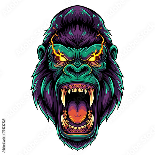 Colorful illustration of an angry gorilla head with glowing eyes and bared teeth, isolated on a white background.