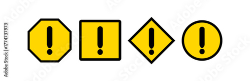 Set of yellow warning icons with exclamation marks in various geometric shapes, perfect for safety labels, alert signs, hazard indicators, and informative graphic design elements.