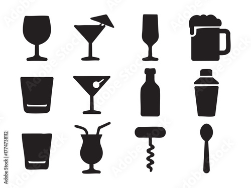 Drink and bar icon set in outline style with glasses, bottles, cocktails, shakers, and bar tools for beverage, party, and nightlife design themes 