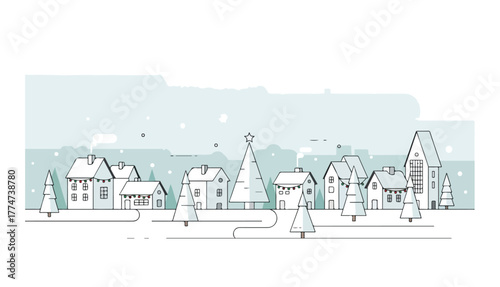 A minimalist illustration of a snowy village scene with houses and Christmas trees.