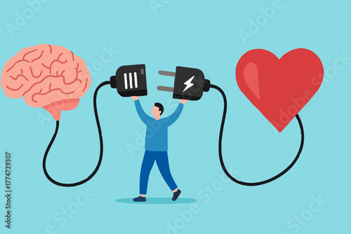heart and brain connection, align your heart and brain, control feeling and emotion with logical thinking brain, man connect plug with heart to brain concept vector illustration with flat style design