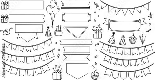 Blank banner, bunting garland doodle silhouette and outline templates for birthday parties event vector illustration
