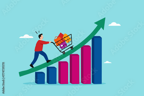 food price inflation, Inflation causing grocery price rising up, food or economic crisis that causes food prices rising up, Businessman push shopping carts filled with food items up the price chart