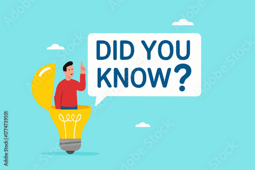 did you know illustration with businessman coming out of light bulb idea with megaphone and speech bubble saying did you know?, expert information, explanation or solution, useful tip or knowledge