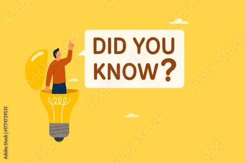 did you know illustration with businessman coming out of light bulb idea with megaphone and speech bubble saying did you know?, expert information, explanation or solution, useful tip or knowledge