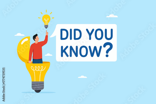 did you know illustration with businessman coming out of light bulb idea with megaphone and speech bubble saying did you know?, expert information, explanation or solution, useful tip or knowledge