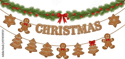 Gingerbread Cookies Garland Decor, Christmas Graphics Festive Winter Holiday Season Bunting
