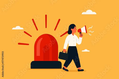 state of emergency declaration, provide emergency information to others as a precaution, warning about danger concept, businessman with megaphone giving instructions about current state of emergency