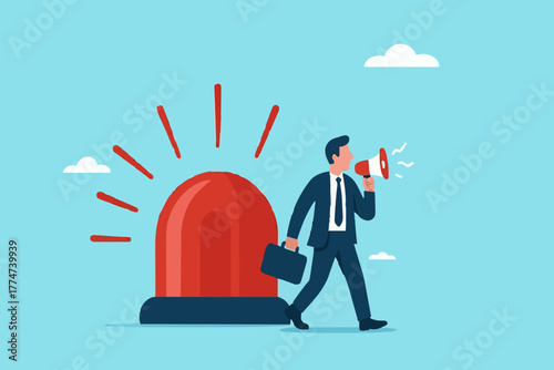 state of emergency declaration, provide emergency information to others as a precaution, warning about danger concept, businessman with megaphone giving instructions about current state of emergency