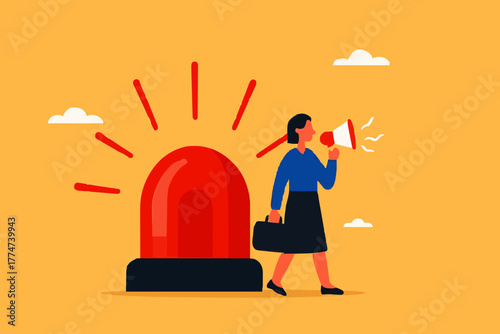 state of emergency declaration, provide emergency information to others as a precaution, warning about danger concept, businessman with megaphone giving instructions about current state of emergency