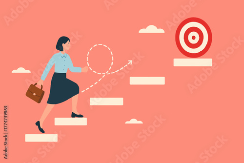 progress toward success or career success, journey to achieve target or business goal, personal development goal for work, way to achieve goal, businesswoman climbs the stairs towards her life's goals