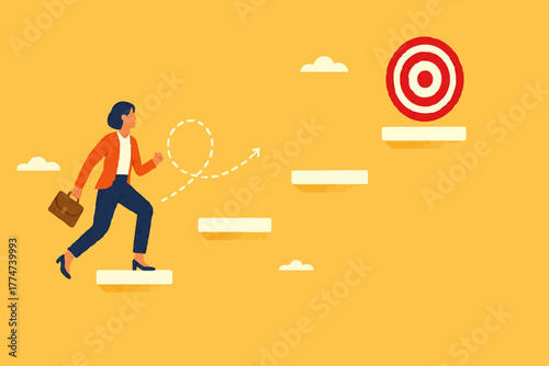 progress toward success or career success, journey to achieve target or business goal, personal development goal for work, way to achieve goal, businesswoman climbs the stairs towards her life's goals