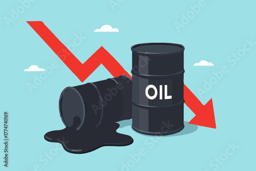 falling oil prices, risk of loss in crude oil stocks due to price crisis, Oil prices sharpen losses, pile of spilled crude oil barrels with falling graph