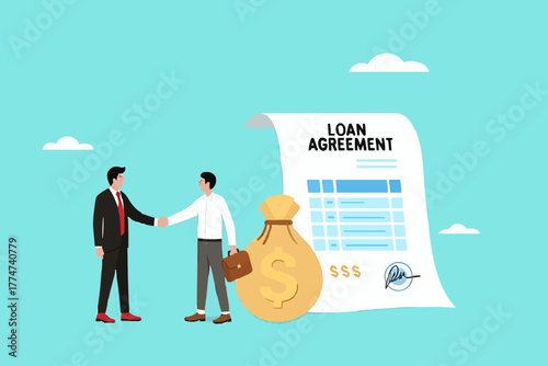 loan agreement, proof of loan document, two businessmen shaking hands making a loan agreement with a bag of dollars and a loan agreement document concept vector illustration