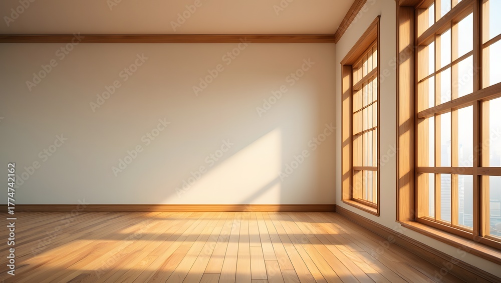 Obraz premium Bright Empty Room Interior with Natural Light Streaming Through Windows and Wooden Floor Ready for Customization and Design