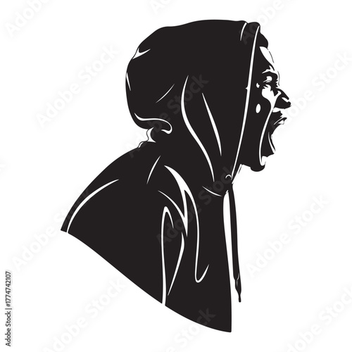 High Contrast Stylized Profile of Shouting Figure in Hooded Garment