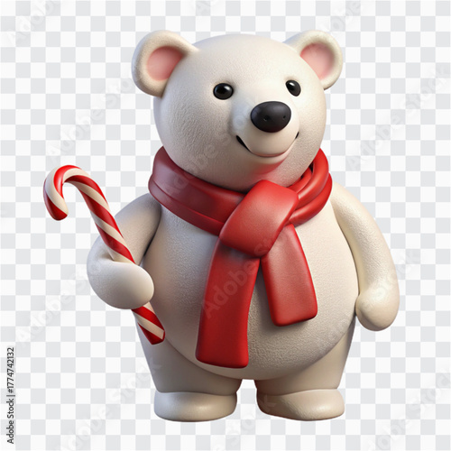 3D Polar Bear Plush | White Cotton Toy with Red Scarf & Candy for Christmas Decor