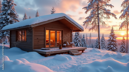 Cozy cabin surrounded by snow-covered pine trees at sunset in winter wilderness