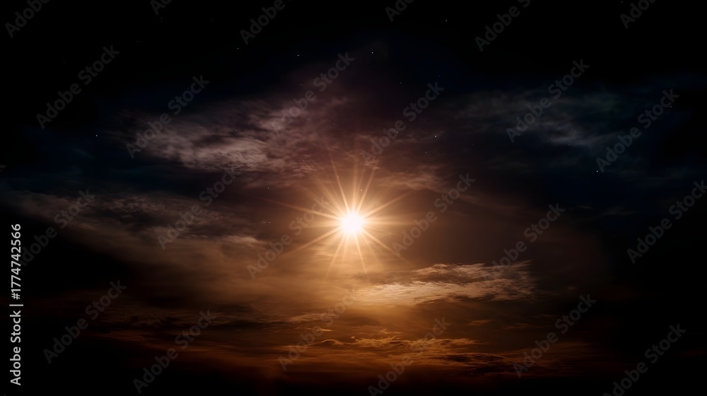 Fototapeta premium A bright star like sun radiates golden light through dark cloudy skies at dusk