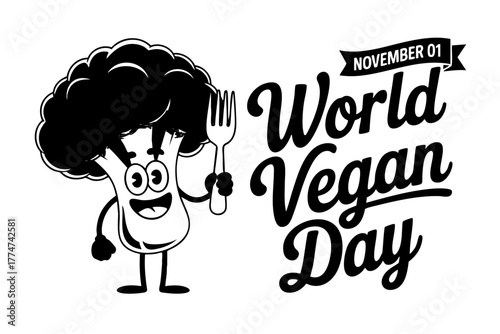 Happy cartoon broccoli character celebrates world vegan day holding fork