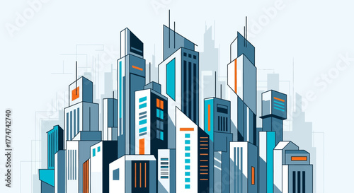 A stylized illustration of a modern city skyline with various tall buildings in shades of blue, white, and orange.