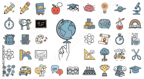 Educational and school themed icons collection with colorful hand drawn illustrations representing various learning elements and academic concepts isolated on white background for design resources